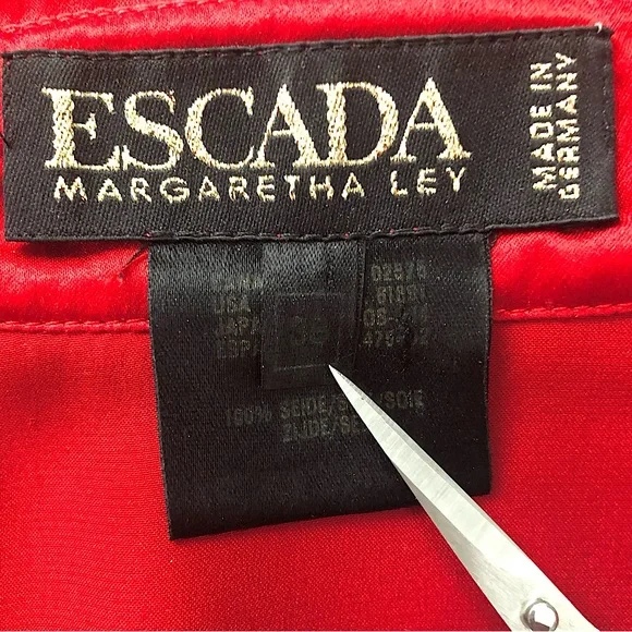 Vintage 1980s Designer Escada Red Sword Print Blouse 100% Silk Size Medium - Picture 7 of 9